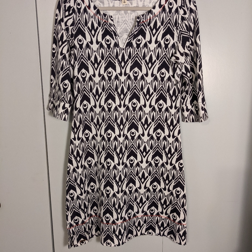 Navy and white geometric print a-line dress.
